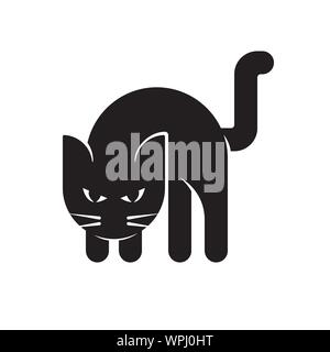 Angry black cat line and solid icon, halloween concept, hissing