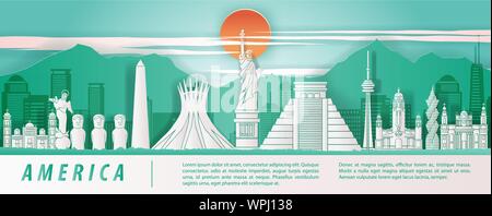 america famous landmark paper art style with green and white color,vector illustration Stock Vector