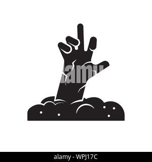 Zombie hand reaching from grave vector icon. Solid black Halloween symbol. Stock Vector