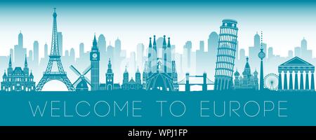 Europe famous landmark blue green silhouette design,vector illustration Stock Vector