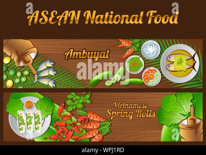 Asean National food ingredients elements set banner on wooden background,Brunei and Vietnam,vector illustration Stock Vector