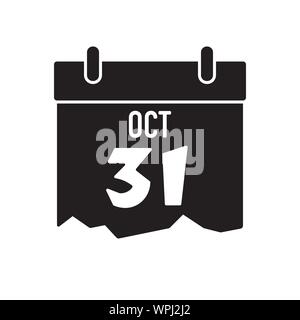 Calendar with date of 31st October vector icon. Solid black Halloween symbol. Stock Vector