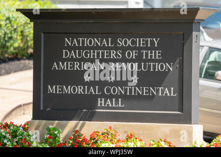 Washington, DC - August 6, 2019: Sign for NATIONAL SOCIETY DAUGHTERS OF THE AMERICAN REVOLUTION, MEMORIAL CONTINENTAL HALL Stock Photo