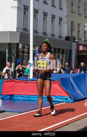 Stockton on Tees, U K. 7th September 2019.The Great North City Games were held in the High Street and the Riverside and the crowds enjoyed watching top class athletics including pole vaulting, long jump, hurdles and sprinting. A long jumper gets ready for her run up. David Dixon, Alamy Stock Photo