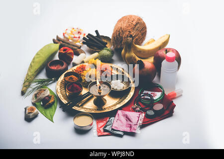Pooja Material / Puja Sahitya in Hindu Religion from India, arranged in a group. selective focus Stock Photo