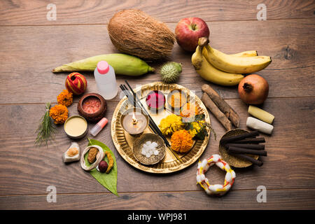 Pooja Material / Puja Sahitya in Hindu Religion from India, arranged in a group. selective focus Stock Photo