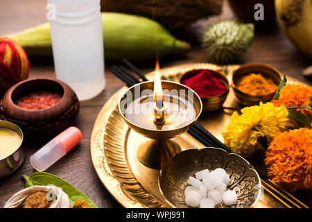 Pooja Material / Puja Sahitya in Hindu Religion from India, arranged in a group. selective focus Stock Photo