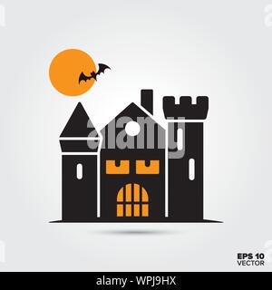 Haunted house, moon and bat icon. Fall season and halloween celebration symbol. Spooky cartoon vector illustration. Stock Vector