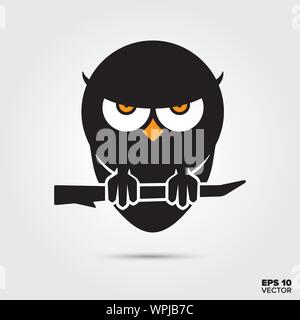 Halloween creepy owl on branch icon. Fall season and halloween celebration symbol. Spooky cartoon vector illustration. Stock Vector