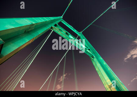 Night view of suspension tower and cables above the Vincent Thomas Bridge in Los Angeles, California. Stock Photo