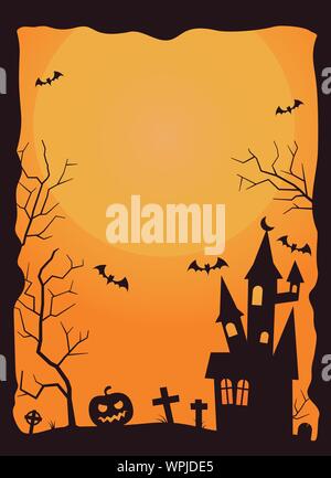 Halloween background with haunted house, bats and graveyard vector illustration. Copy space in moon. Stock Vector