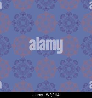 Violet And Orange Mandalas In Geometric Seamless Surface Pattern On Violet Background Stock Vector