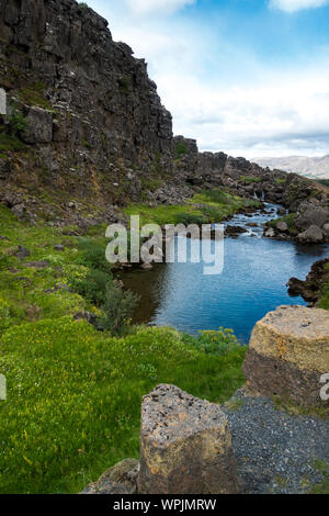 Drekkingarhylur, or drowning pool, former site of Viking capital punishment at Þingvellir, site of the first Iceland parliament Stock Photo