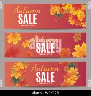 Shiny Autumn Leaves Sale Banner. Business Discount Card Template Collection Set. Vector Illustration EPS10 Stock Vector