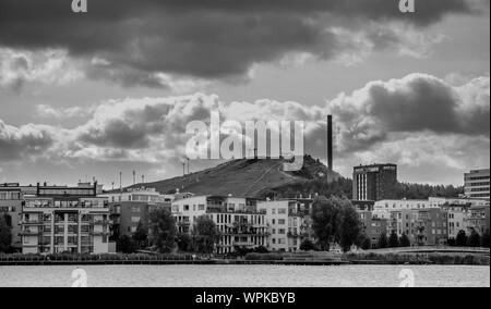 A black and white picture of the district of Nacka in a cloudy day. Stock Photo