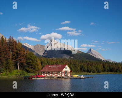 Maligne Lake Boat House at Maligne Lake, Alberta, Canada Stock Photo