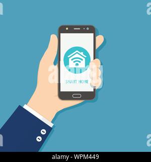 Hand holding mobile smart phone with smart home application on the screen Stock Vector