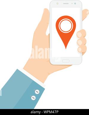 Hand holding white smartphone with map point. Mobile navigation concept Stock Vector