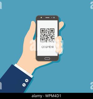 Hand hold smart phone with coupon QR code on screen, flat illustration Stock Vector