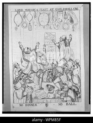 Lord mayor's feast at Guildhall 1786 - no dinner, no ball Abstract: Print shows a large group of city officials gathered around a table in Guildhall, some are jumping up and down on the table and have lost their hats and wigs. Posted on the wall are two notices: (1) Nov. 1st 1786. The Lord Mayor is requested to set aside Parade and Festivity the ensuing 9th Nov. on account of the [death] of the Princess Amelia and (2) Guildhall. This day Nov'r. the 9 will be presented, not acted since the death of the Duke of Cumberland, a serious Entertainment called The City Camelions. The behavior of the ci Stock Photo