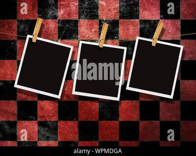 Illustration of vintage photo cards over grunge checkered background. Stock Photo