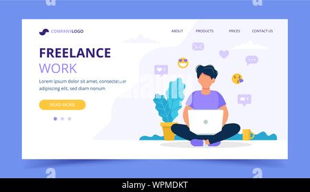 Freelance work landing page template. Man working with laptop in the park. Illustration for freelancing, remote work, business. Vector illustration in Stock Vector