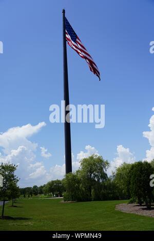 Close up Acuity Insurance Flagpole in Sheboygan Wisconsin is the world’s largest free-flying American flag in North America. Standing 400 feet tall. Stock Photo