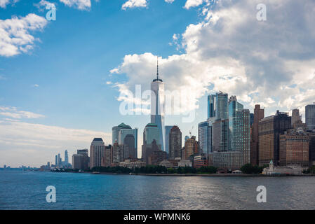 Lower Manhattan NYC, view across New York harbor of the financial district buildings sited in Lower Manhattan, New York City, USA Stock Photo