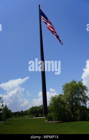 Close up Acuity Insurance Flagpole in Sheboygan Wisconsin is the world’s largest free-flying American flag in North America. Standing 400 feet tall. Stock Photo