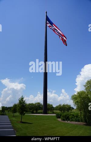 Close up Acuity Insurance Flagpole in Sheboygan Wisconsin is the world’s largest free-flying American flag in North America. Standing 400 feet tall. Stock Photo