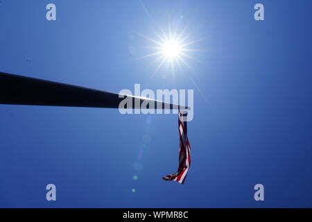 Close up Acuity Insurance Flagpole in Sheboygan Wisconsin is the world’s largest free-flying American flag in North America. Standing 400 feet tall. Stock Photo