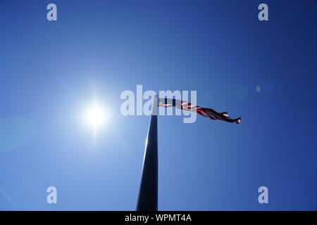 Close up Acuity Insurance Flagpole in Sheboygan Wisconsin is the world’s largest free-flying American flag in North America. Standing 400 feet tall. Stock Photo