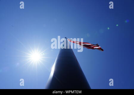 Close up Acuity Insurance Flagpole in Sheboygan Wisconsin is the world’s largest free-flying American flag in North America. Standing 400 feet tall. Stock Photo