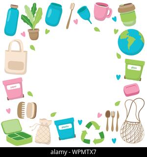 Zero waste concept illustration with different elements in frame. Sustainable lifestyle, ecological concept. Vector illustration in cartoon style Stock Vector