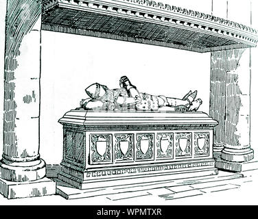 1928 illustration -Tomb and bronze effigy of  the Black Prince (1330-1376) at Canterbury Cathedral, Kent. Also known as Prince of Wales and of Aquitaine, Duke of Cornwall,Prince of Aquitaine and Gascony  and Edward of Woodstock. He was a knight of the Garter. Stock Photo