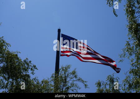 Close up Acuity Insurance Flagpole in Sheboygan Wisconsin is the world’s largest free-flying American flag in North America. Standing 400 feet tall. Stock Photo