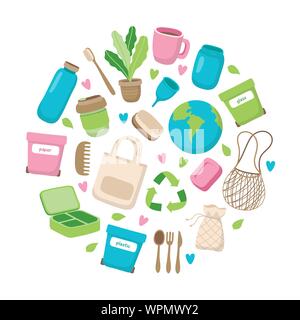Zero waste concept illustration with different elements in circular frame. Sustainable lifestyle, ecological concept. Vector illustration in cartoon Stock Vector