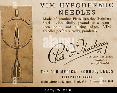1944 - British WWII medical advert. Vim hypodermic  needles by Charles Frederick Thackray of Leeds. Starting with acorner shop the business expanded rapidly to become one of Britain’s principal medical companies, manufacturing drugs and instruments, and  even pioneering the hip replacement operation. The Thackray Medical Museum in Beckett Street  takes his name. Stock Photo