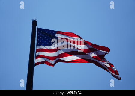 Close up Acuity Insurance Flagpole in Sheboygan Wisconsin is the world’s largest free-flying American flag in North America. Standing 400 feet tall. Stock Photo