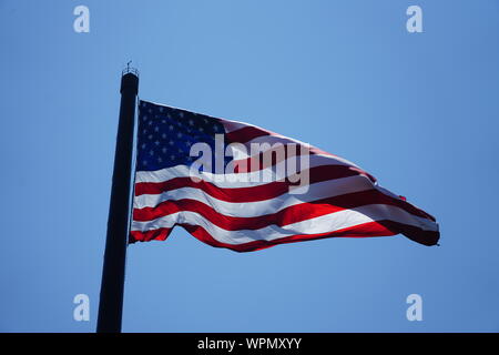 Close up Acuity Insurance Flagpole in Sheboygan Wisconsin is the world’s largest free-flying American flag in North America. Standing 400 feet tall. Stock Photo