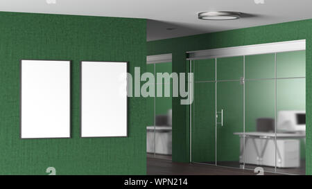 Two blank vertical  posters on the green  wall in modern office Stock Photo