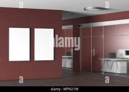 Two blank vertical  posters on the red wall in modern office Stock Photo