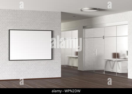 Blank horizontal poster on the white brick wall in modern office Stock Photo