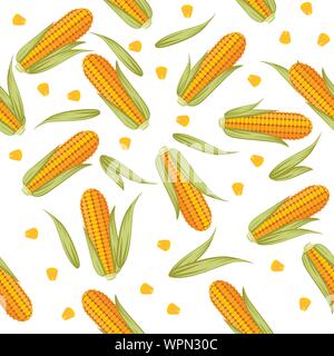 Seamless pattern. Corn with leaves. Corn cob with separated seeds. Flat ...