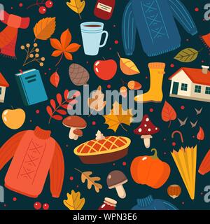 Autumn hand drawn seamless pattern with seasonal elements on dark background. Cute vector illustration in flat style Stock Vector