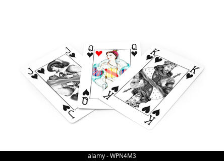 Jack queen king of hearts, playing cards, white background Stock Photo