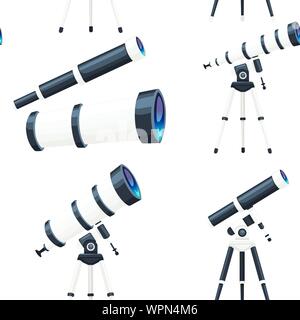 Seamless pattern of white telescopes with stands and without flat vector illustration on white background. Stock Vector