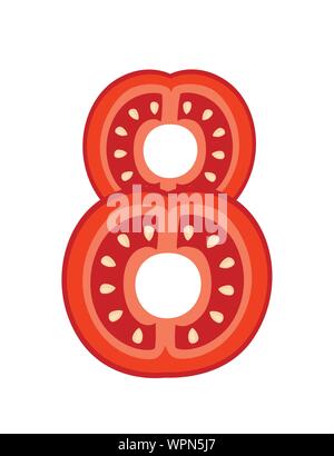 Red tomato number 8 style vegetable food cartoon design flat vector illustration isolated on white background. Stock Vector