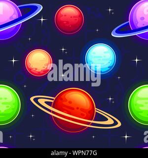 Seamless pattern of colorful cartoon planets on dark background flat vector illustration. Stock Vector