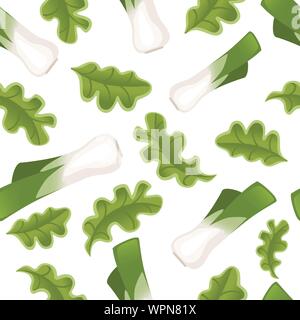 Fresh green leek with green lettuce seamless pattern flat vector illustration on white background. Stock Vector